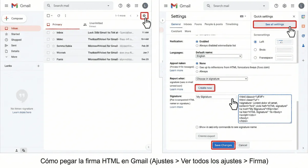 Firma HTML pegada en la configuración de firmas de Gmail