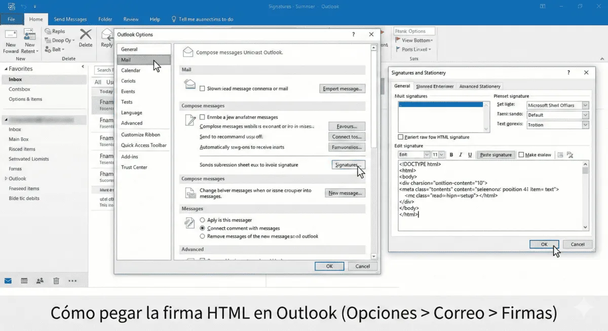 Pegado de una firma HTML en Outlook en la sección de Firmas