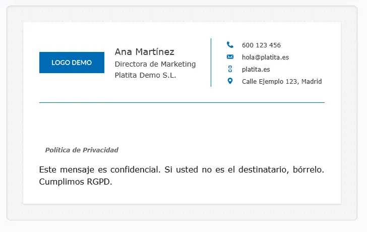 Ejemplo de firma de email HTML con logo, teléfono y enlaces clicables