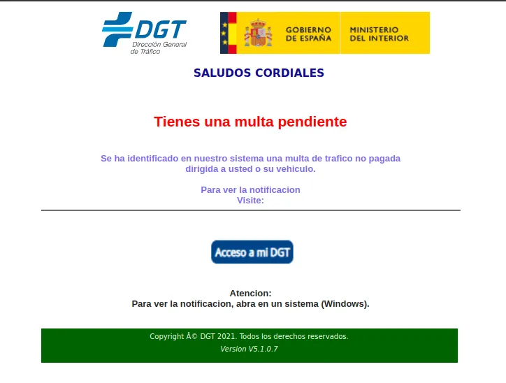 Ejemplo de email de phishing que suplanta a la DGT con una supuesta multa
