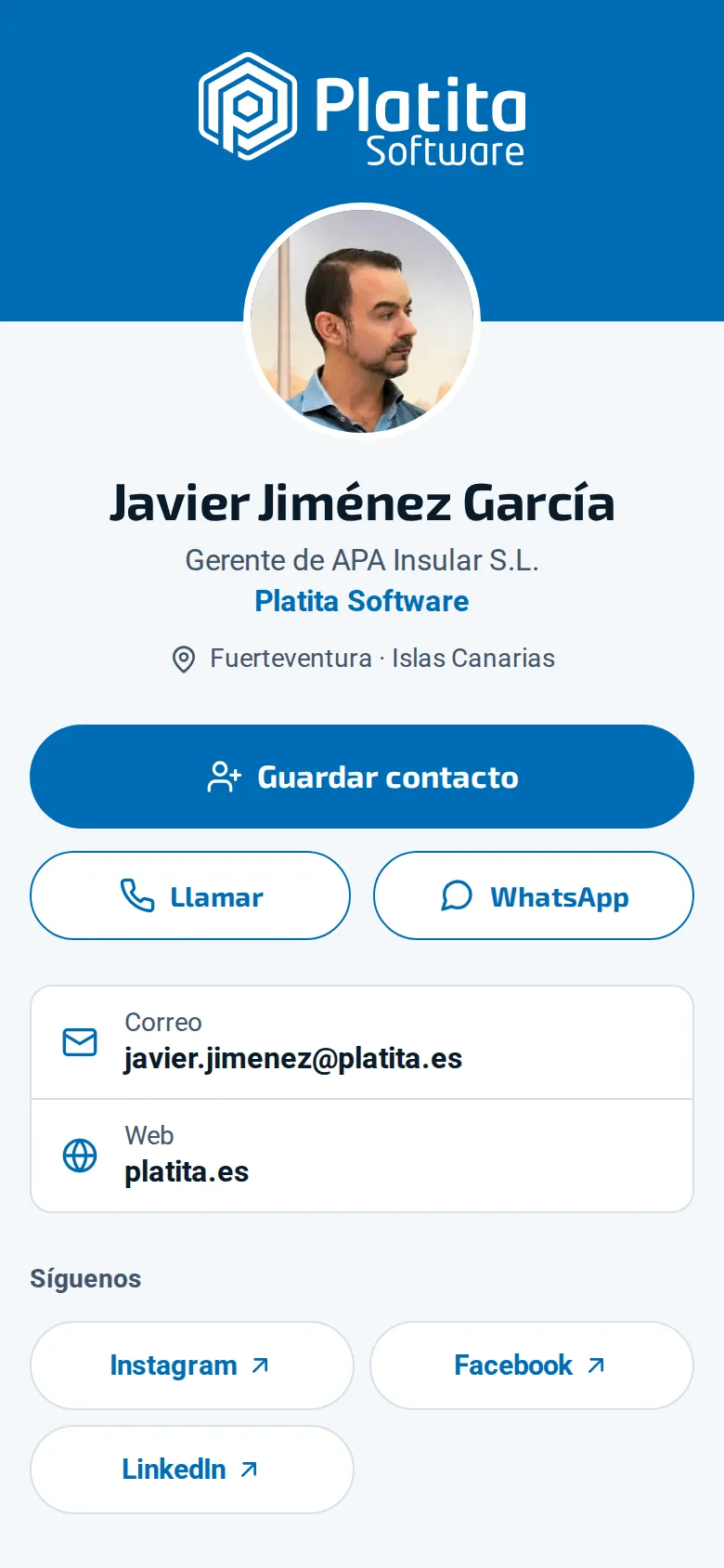 Tarjeta digital de Javier Jiménez García en Platita Software: foto, cargo, botón «Guardar contacto», llamar, WhatsApp, correo, web y redes.