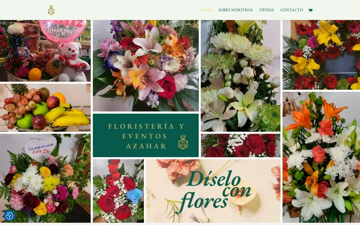 Portada de Floristería y Eventos Azahar con un mosaico de ramos y el lema «Díselo con flores»