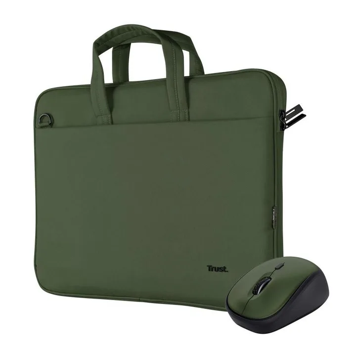 Maletín Trust Bologna 16″ con ratón inalámbrico silencioso, verde