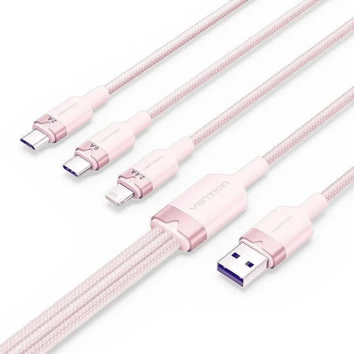 Cable 3 en 1 Vention USB-A 2.0 - USB-C/LIGHTNING/MICRO-B 1.5M Aluminio Rose