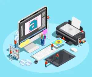 Ilustración vectorial representando el Servicio de Diseño Gráfico con herramientas como lápiz, paleta de colores y pantalla de diseño.