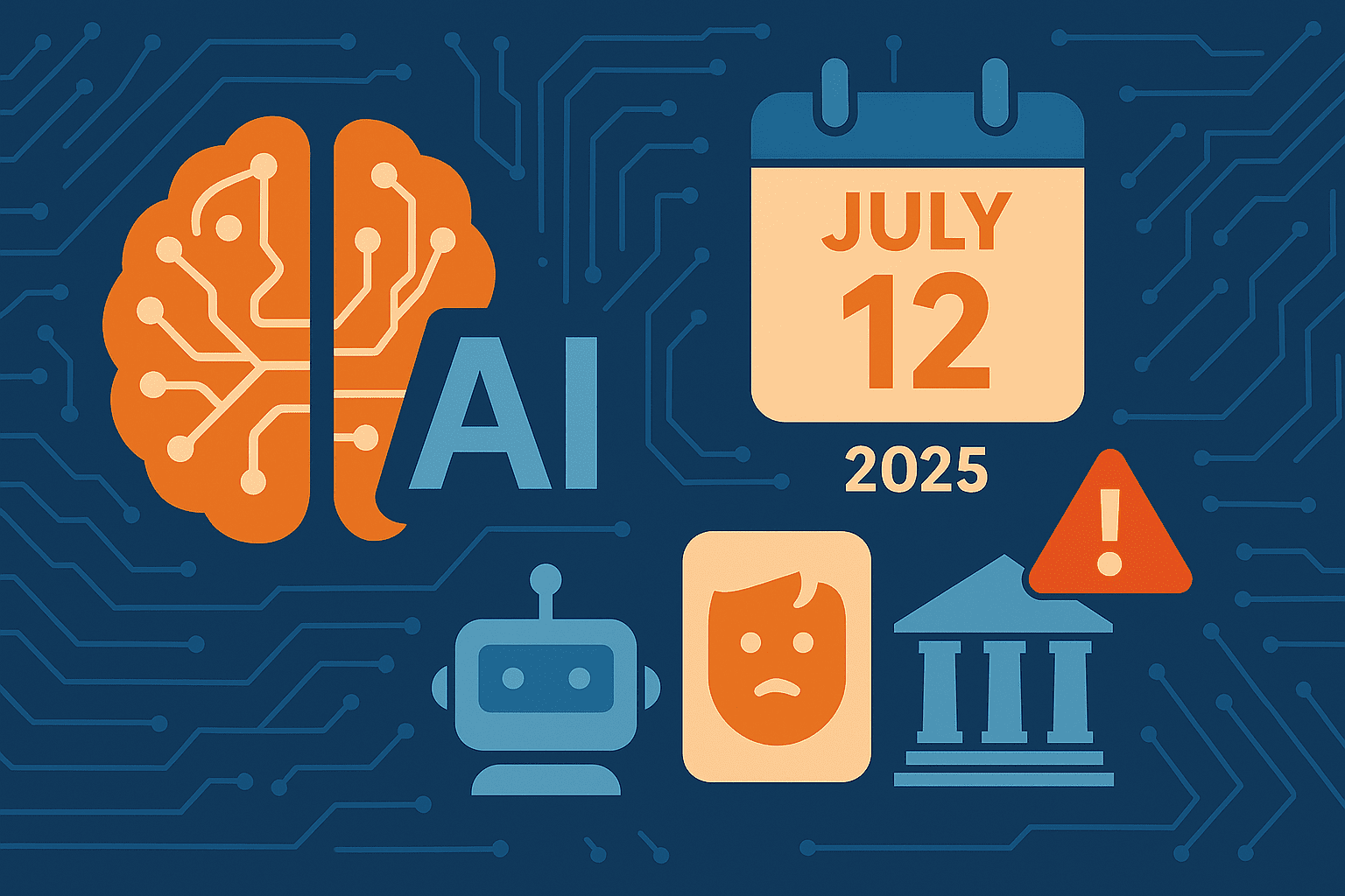 Ilustración sobre inteligencia artificial con símbolos de deepfakes, chatbots, leyes y alerta global, representando las novedades IA del 12 de julio de 2025.