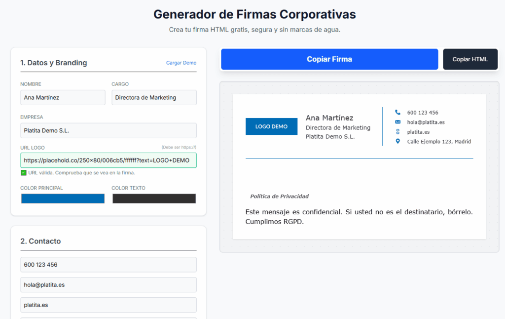 Formulario del generador de firmas con vista previa en tiempo real